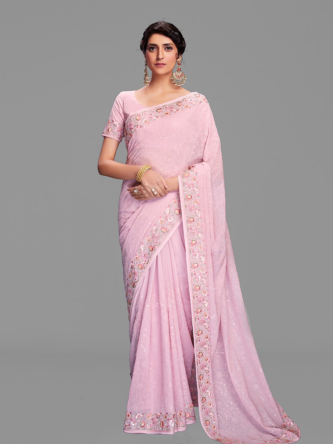 

Fusionic Ethnic Motifs Embroidered Sequinned Pure Georgette Saree, Pink