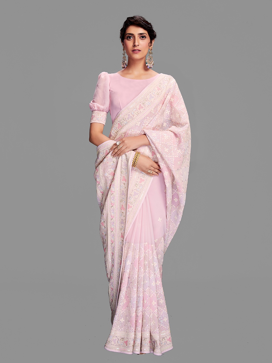 

Fusionic Ethnic Motifs Embroidered Sequinned Pure Georgette Saree, Pink