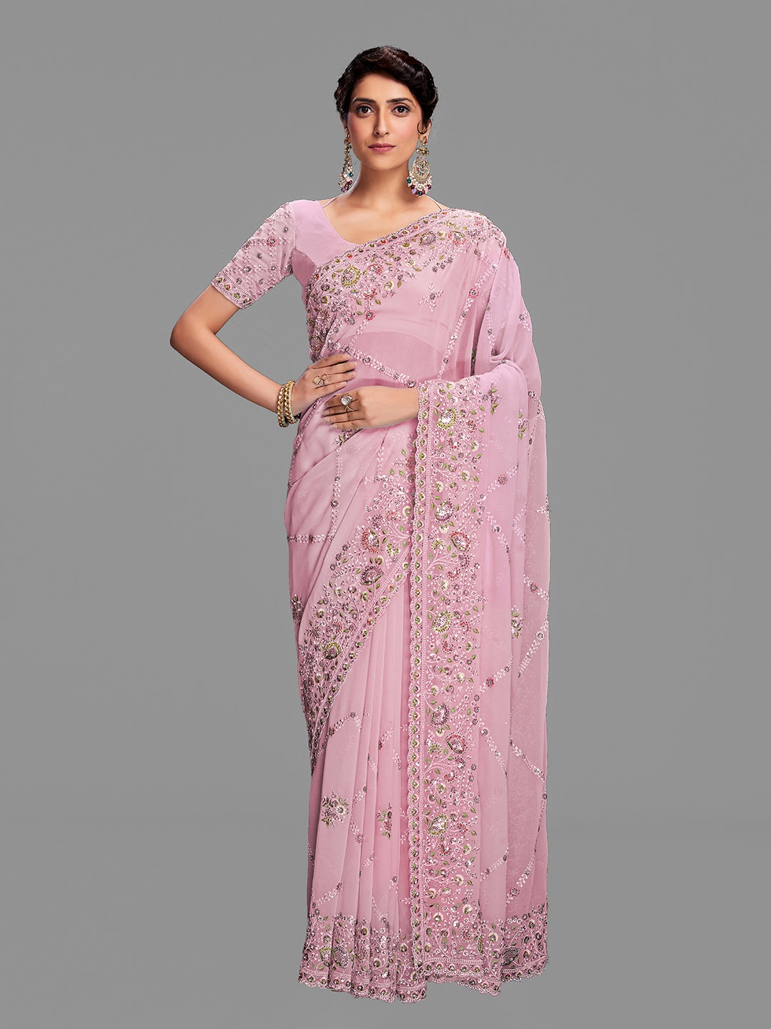 

Fusionic Ethnic Motifs Embroidered Sequinned Pure Georgette Saree, Pink