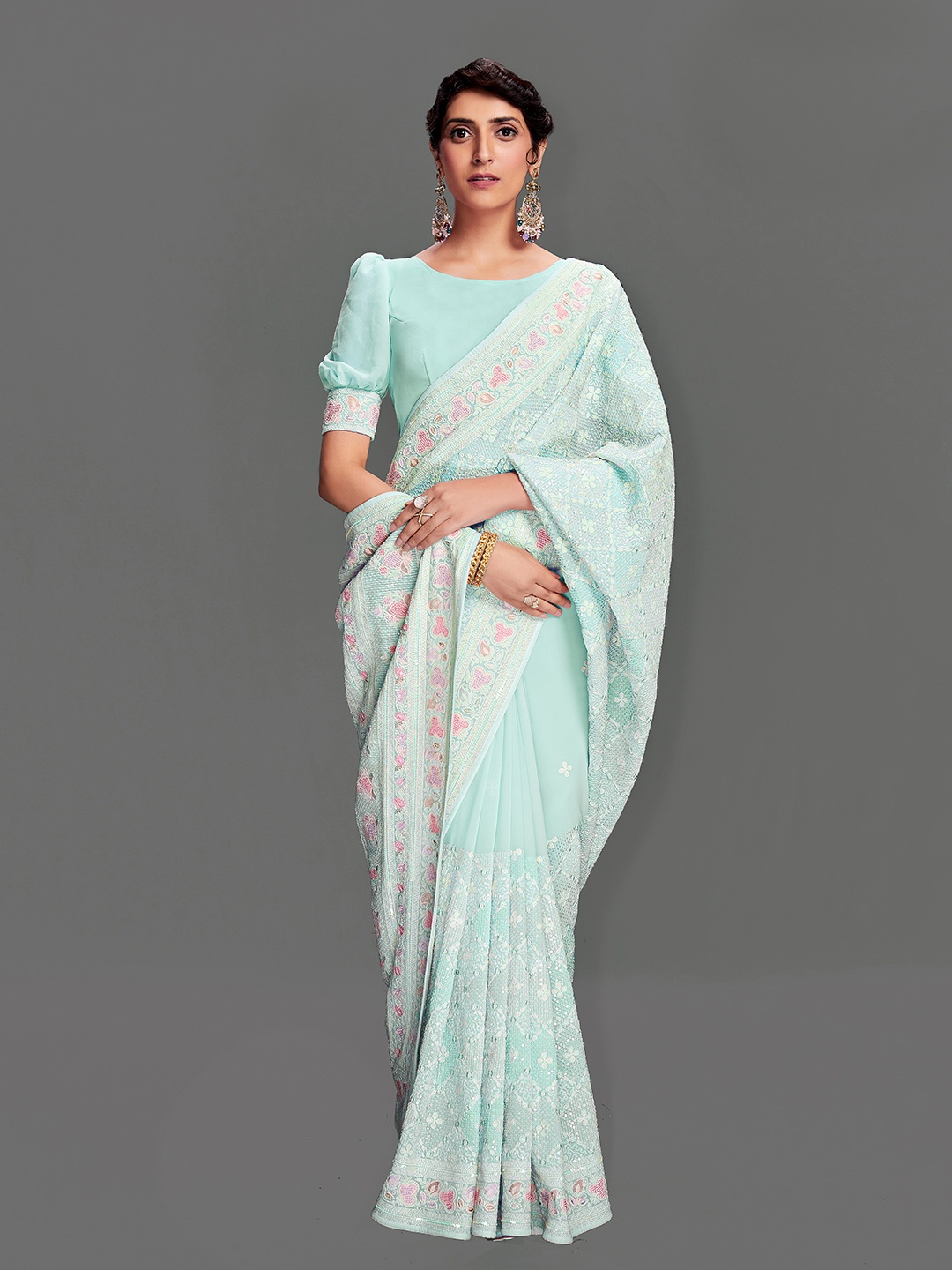 Fusionic Floral Embroidered Pure Georgette Saree, Blue