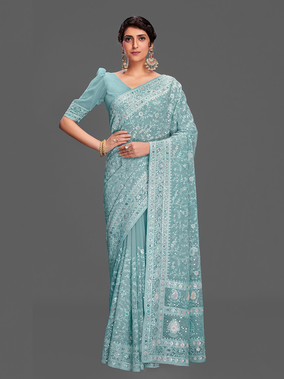 

Fusionic Ethnic Motifs Embroidered Pure Georgette Saree, Turquoise blue