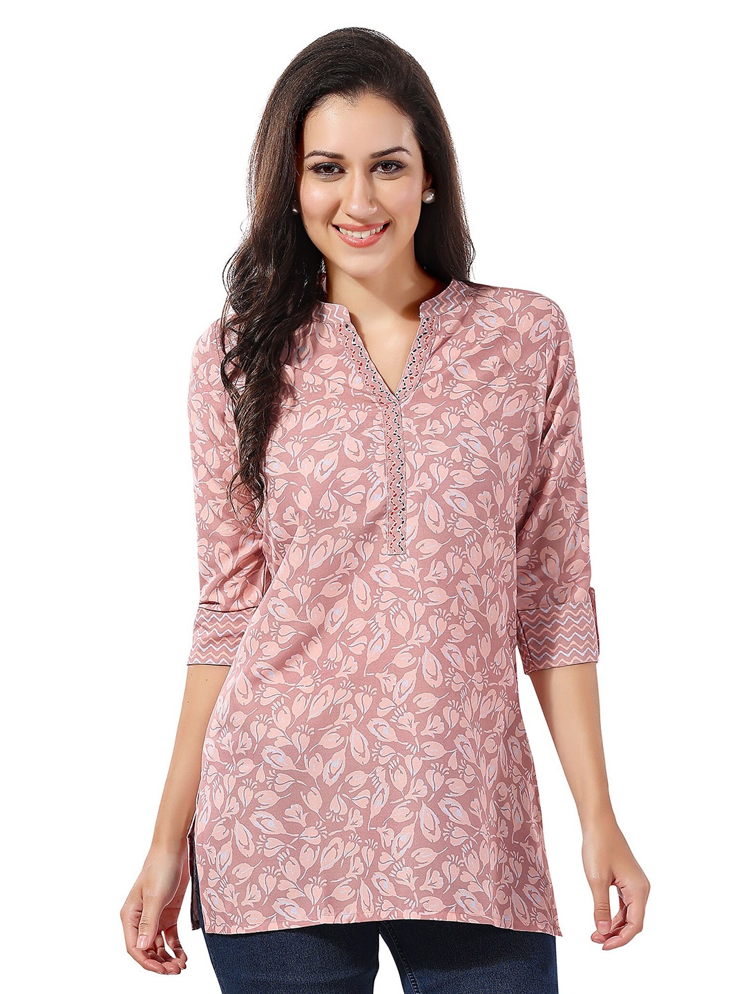 

keshubaba Mandarin Collar Printed Tunic, Peach