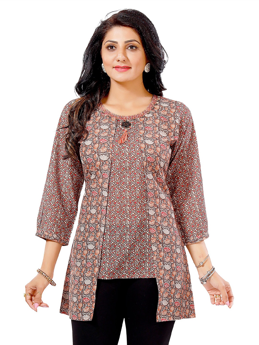 

keshubaba Floral Printed Cotton Tunic, Brown