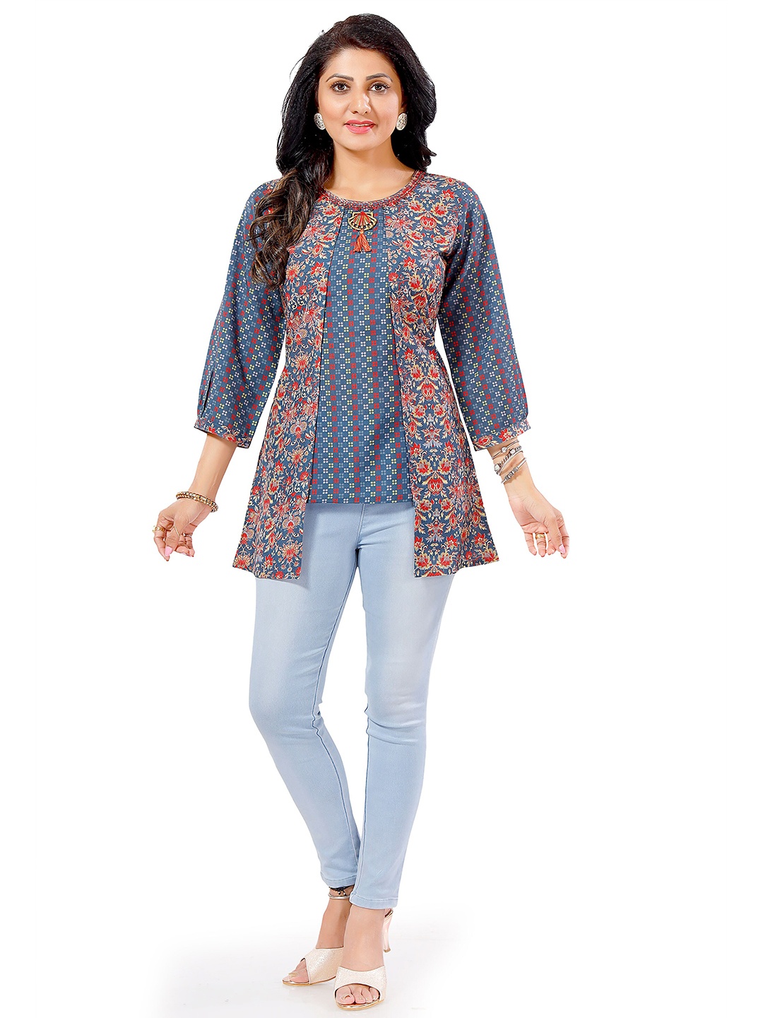 

keshubaba Floral Printed Cotton Tunic, Grey