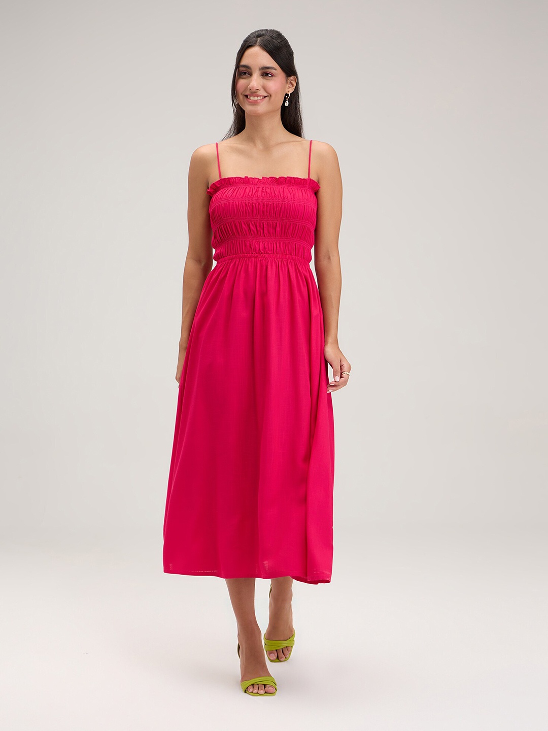 

20Dresses Pink Shoulder Straps Smocked Fit & Flare Midi Dress