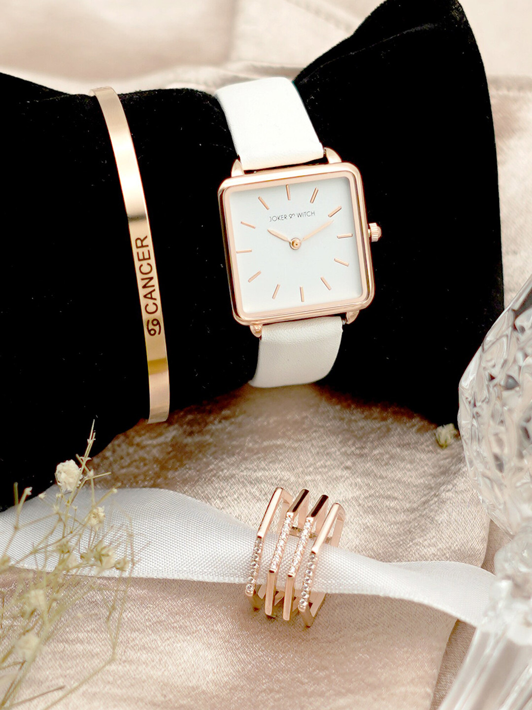 

JOKER & WITCH Women Love Letter Cancer Love Triangle Watch Gift Set JWLT162, White