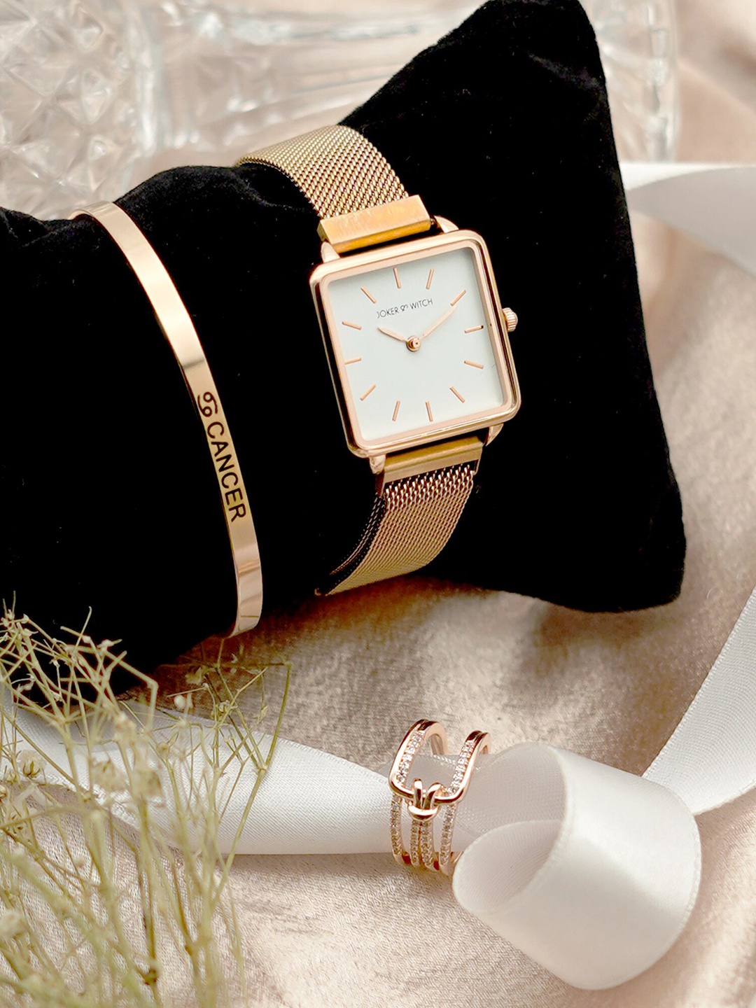 

JOKER & WITCH Women Pixie Dust Cancer Love Triangle Watch Gift Set, Rose gold