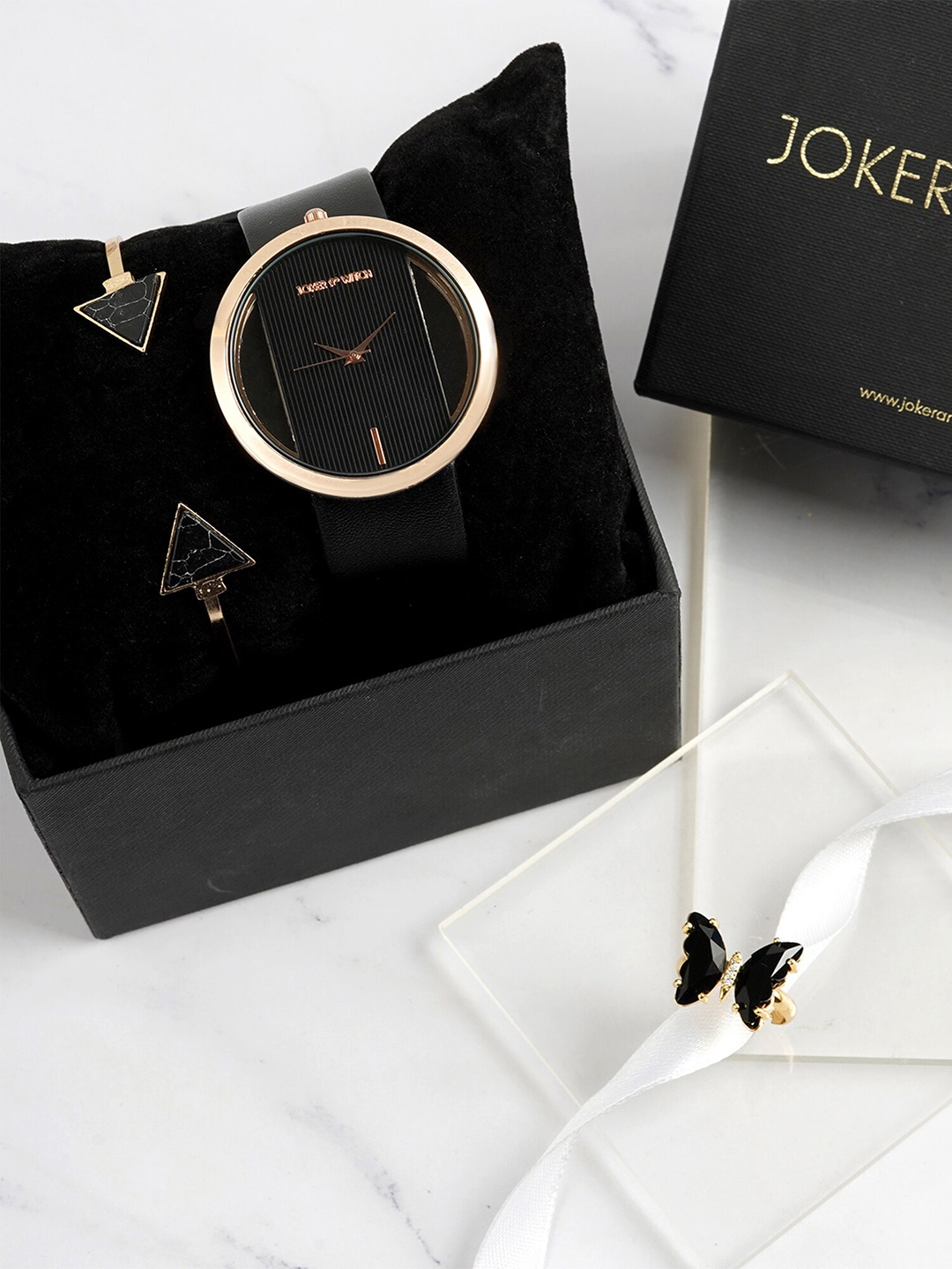 JOKER & WITCH Women Midnight Coral Love Triangle Watch Gift Set JWLT577, Black