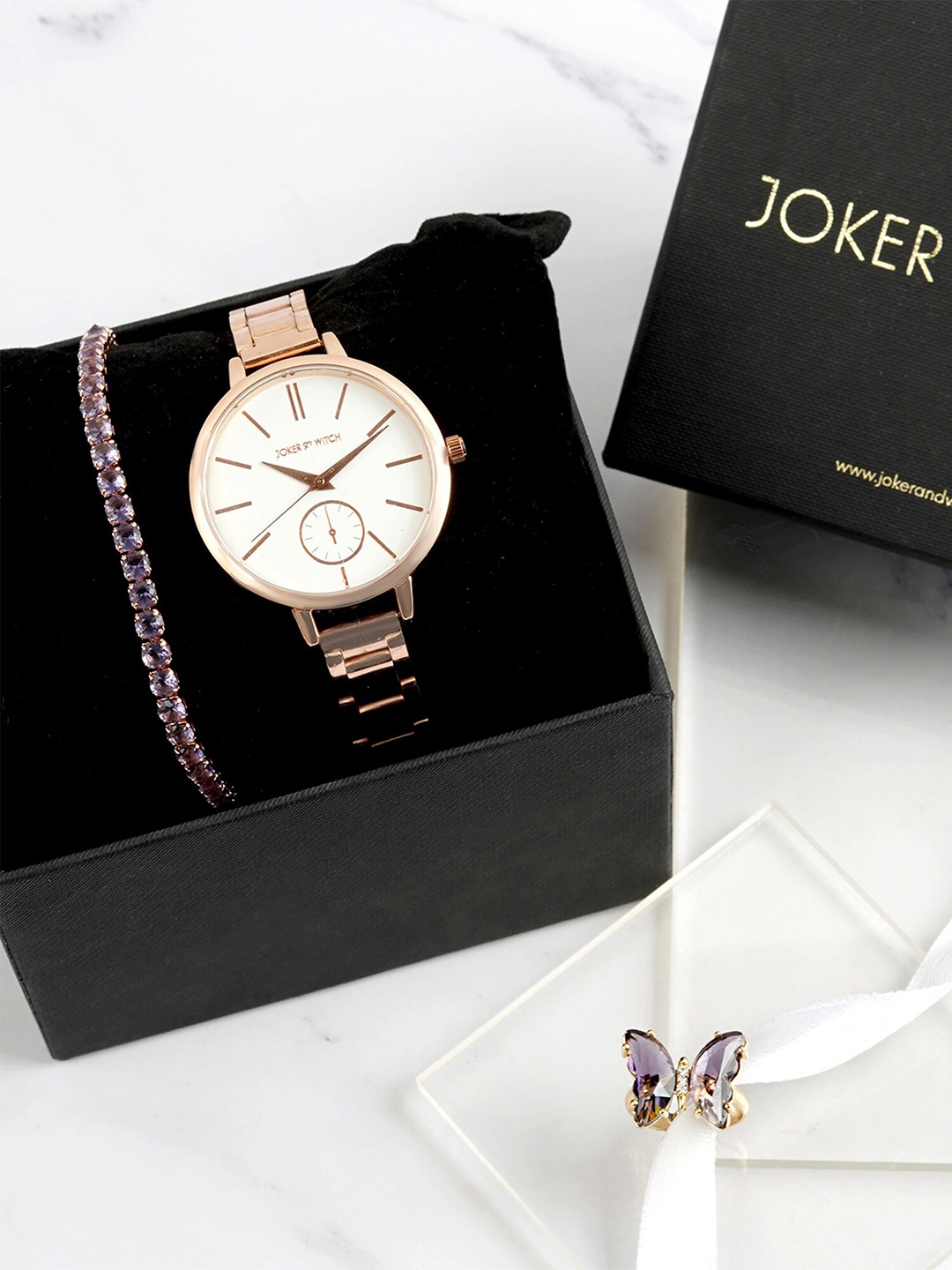 

JOKER & WITCH Women Maylea Love Triangle Watch Gift Set JWLT529, Rose gold