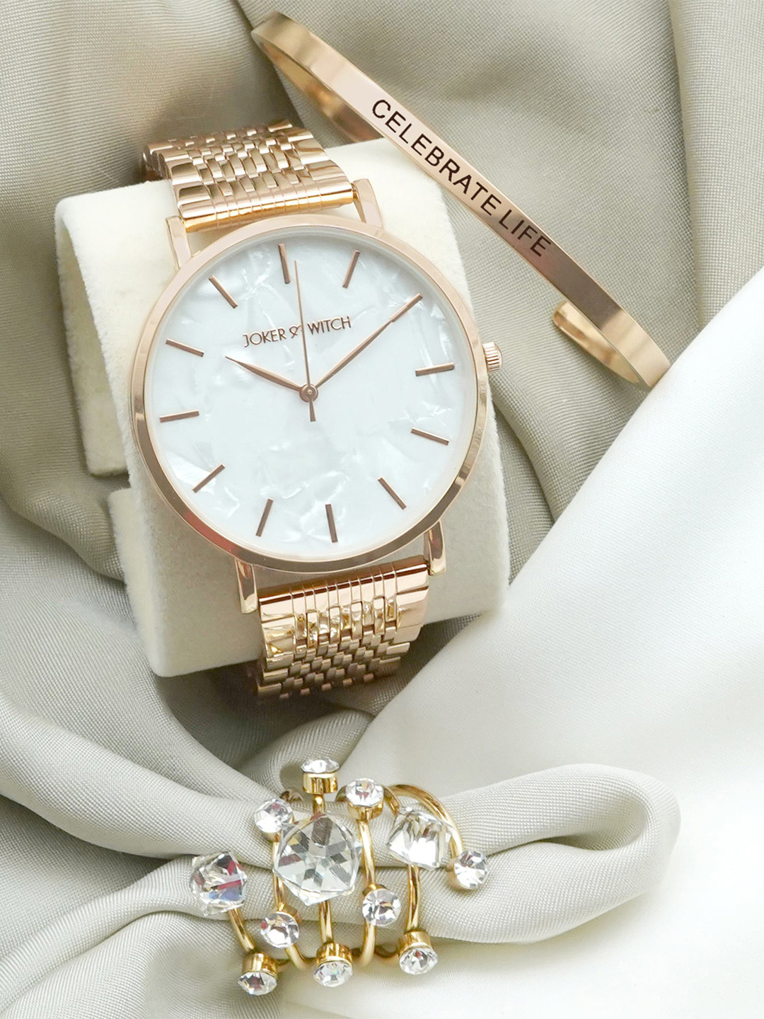 

JOKER & WITCH Glitz Rose Gold Love Triangle Women Watch Gift Set JWLT253, White