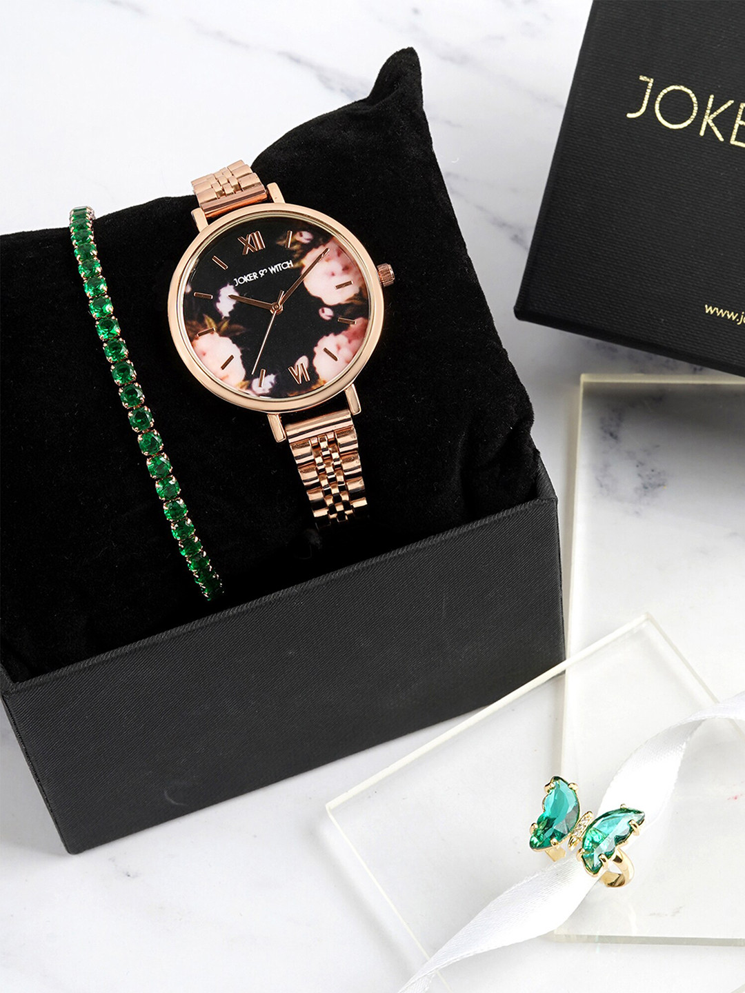 

JOKER & WITCH Women Stainless Steel Semolina Love Triangle Watch Gift Set, Rose gold