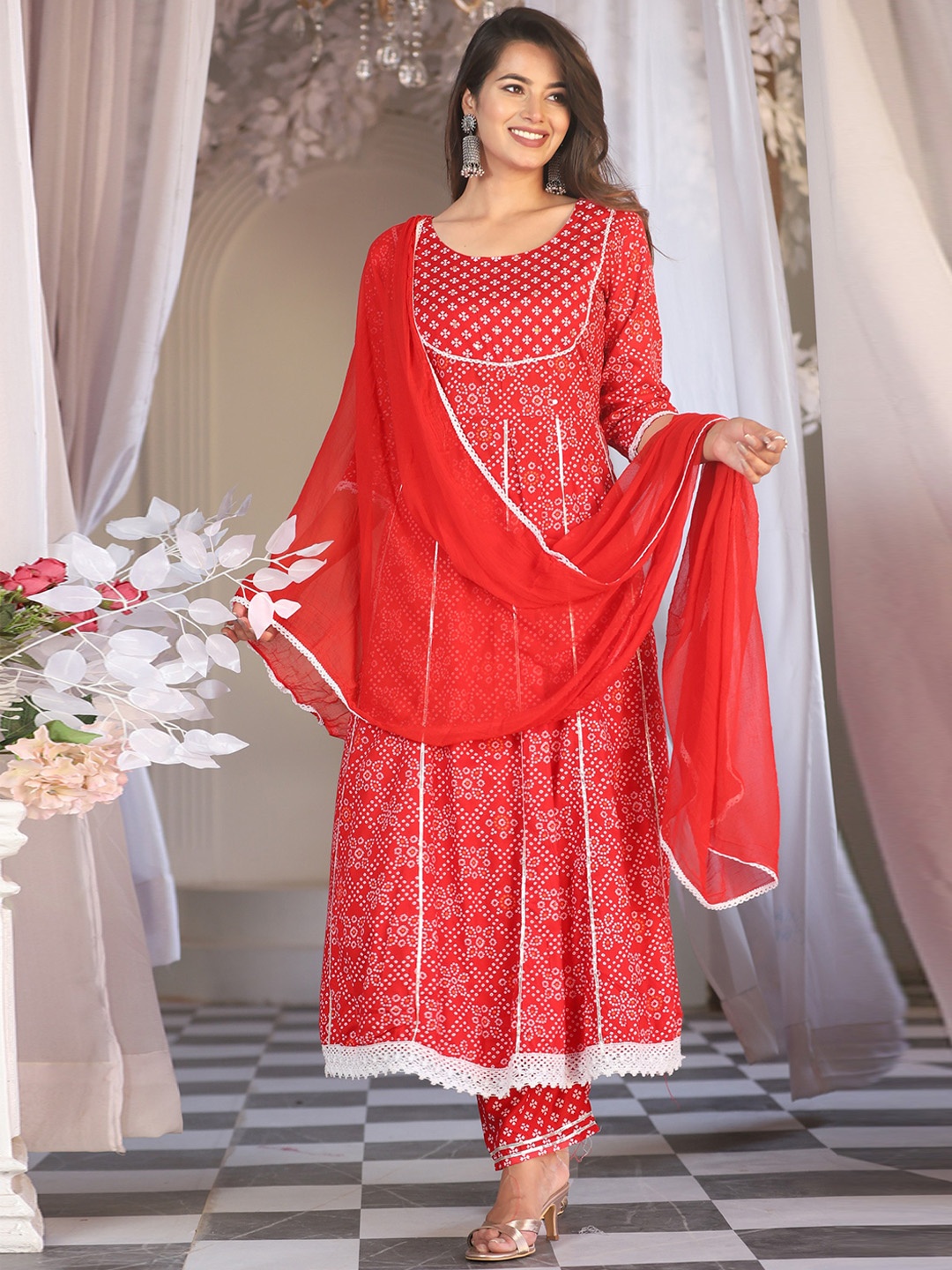 

SINGNI Women Ethnic Motifs Printed Regular Gotta Patti Kurta with Trousers & Dupatta, Red
