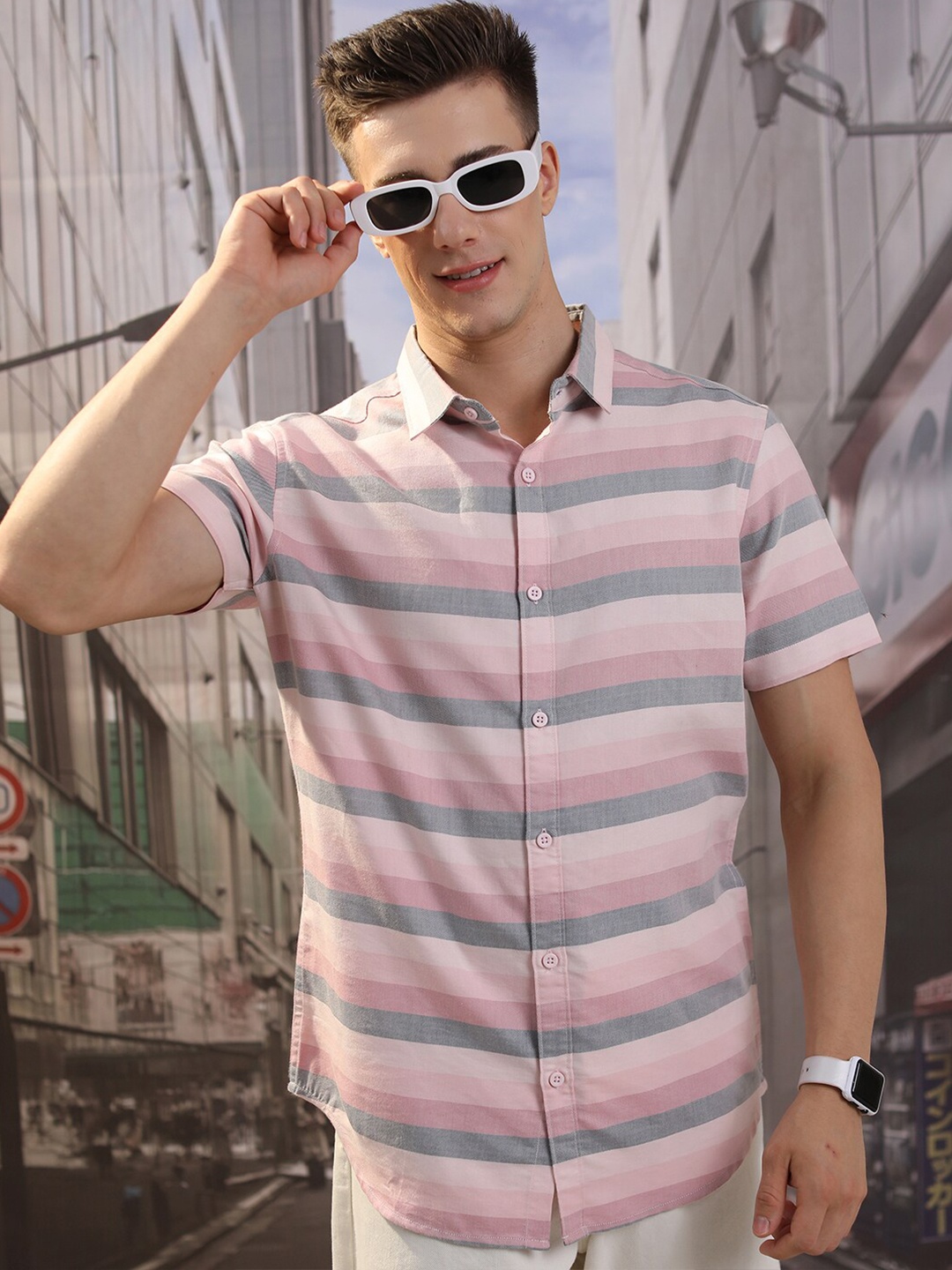 

HIGHLANDER Slim Fit Horizontal Striped Casual Shirt, Pink