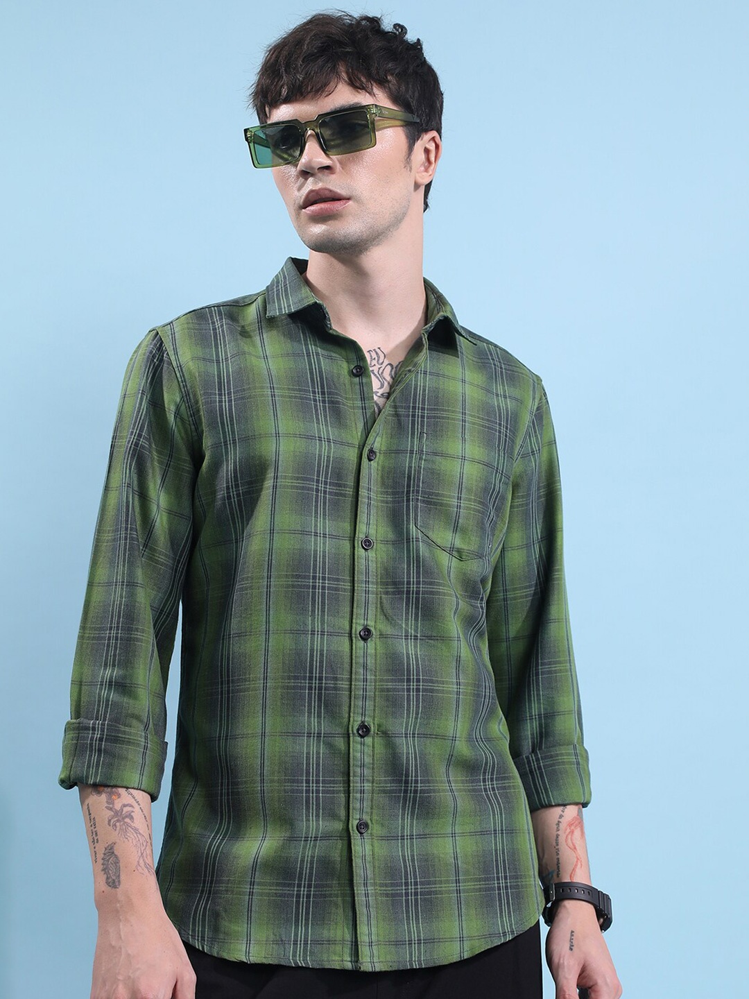 

HIGHLANDER Tartan Checked Slim Fit Casual Shirt, Olive