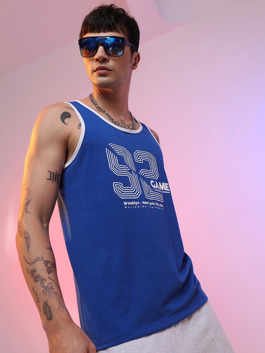 

HIGHLANDER Blue Varsity Printed Sleeveless Relax Fit T-shirt