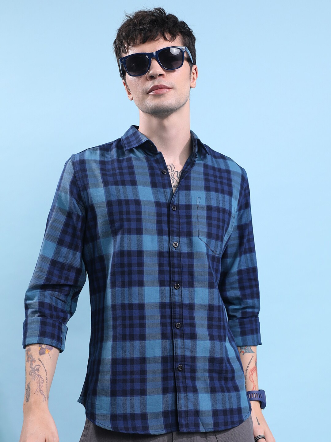 

HIGHLANDER Navy Blue Slim Fit Tartan Checked Casual Shirt