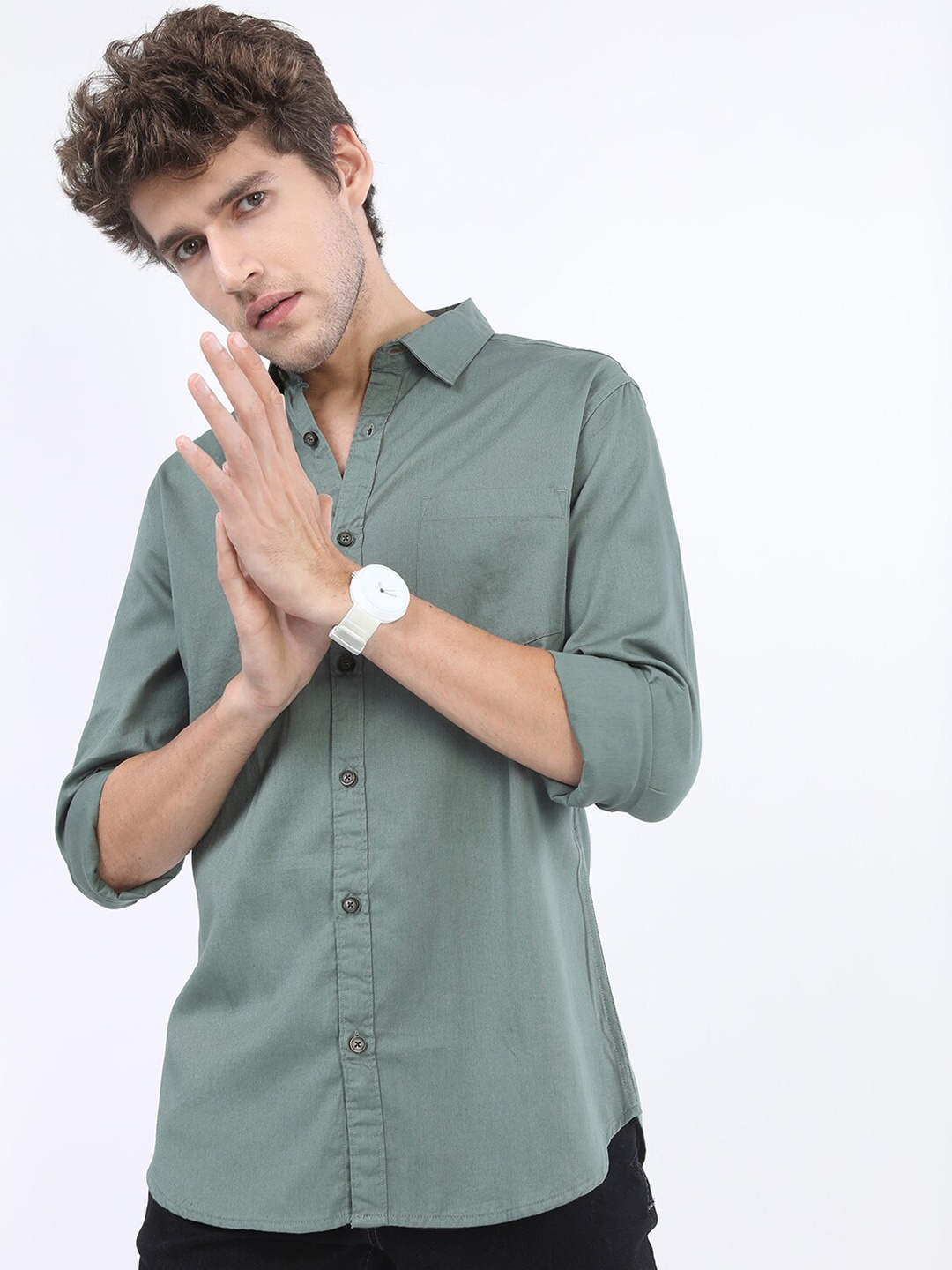 

HIGHLANDER Cotton Slim Fit Opaque Casual Shirt, Green
