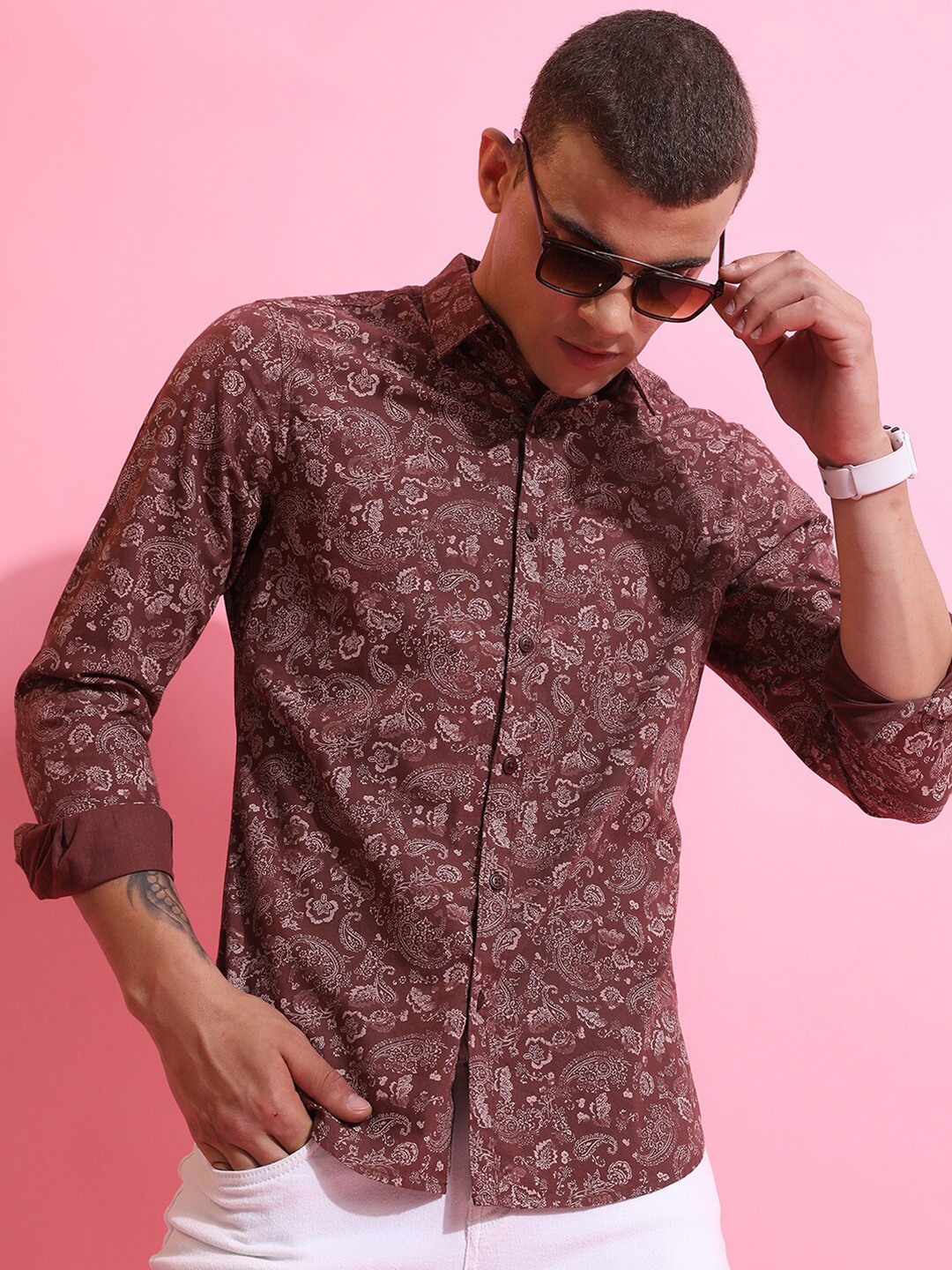 

HIGHLANDER Slim Fit Floral Opaque Printed Casual Cotton Shirt, Burgundy