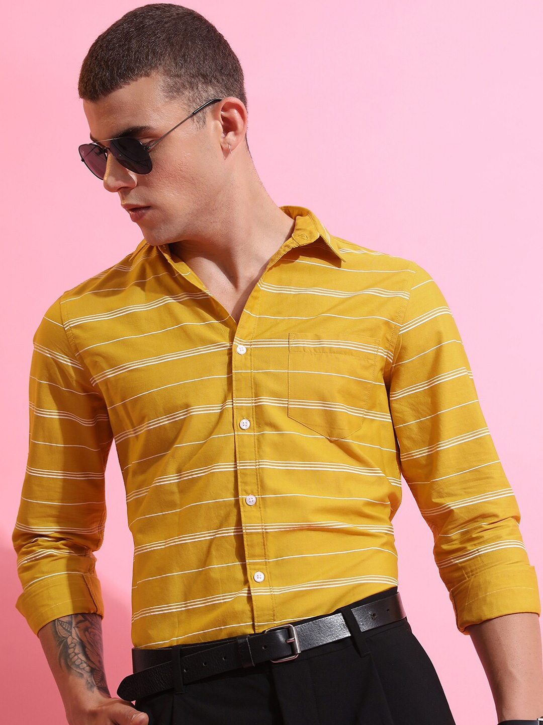 

HIGHLANDER Slim Fit Horizontal Stripes Opaque Striped Casual Cotton Shirt, Yellow