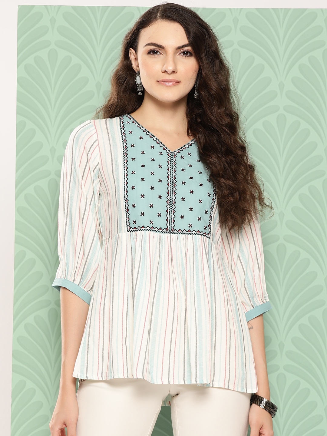 

Juniper Striped Embroidered Puff Sleeves Tunic, White
