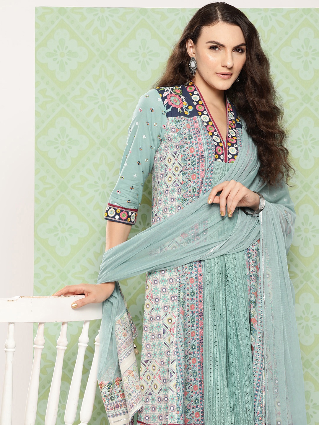 

Juniper Women Tribal Printed Mirror Work Indie Prints Kurta with Dupatta, Blue