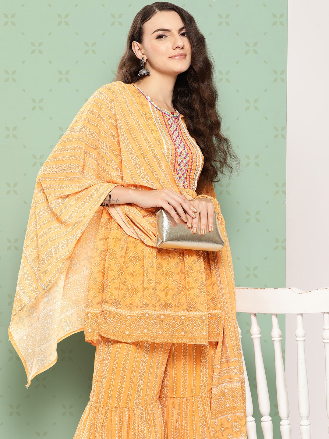 

Juniper Women Printed Regular Sequinned Kurti with Sharara & With Dupatta, Yellow