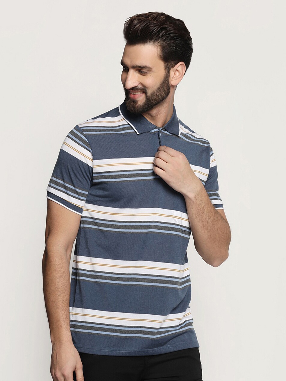

INKKR Striped Polo Collar Short Sleeves T-shirt, Grey