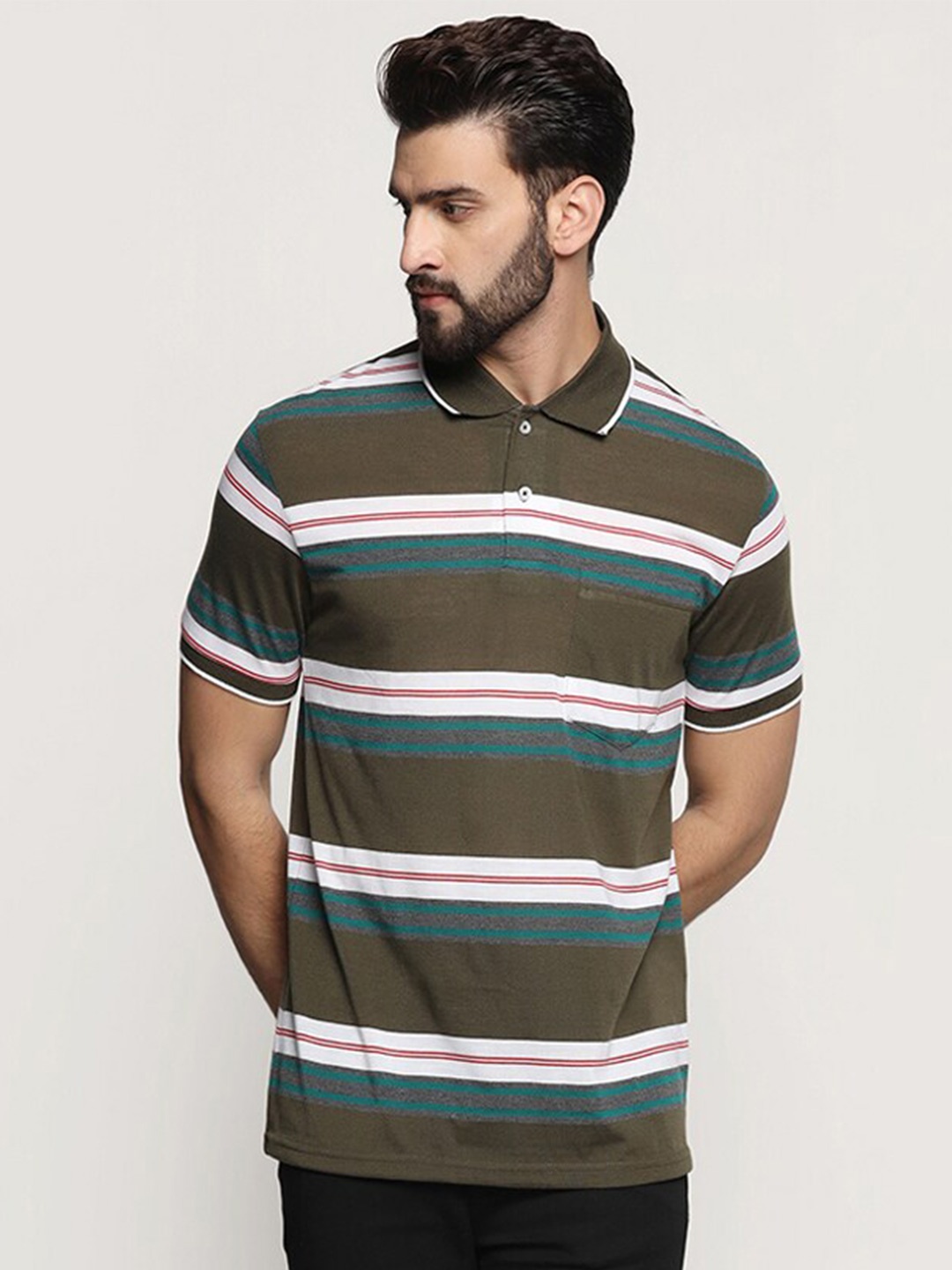 

INKKR Striped Polo Collar T-shirt, Brown