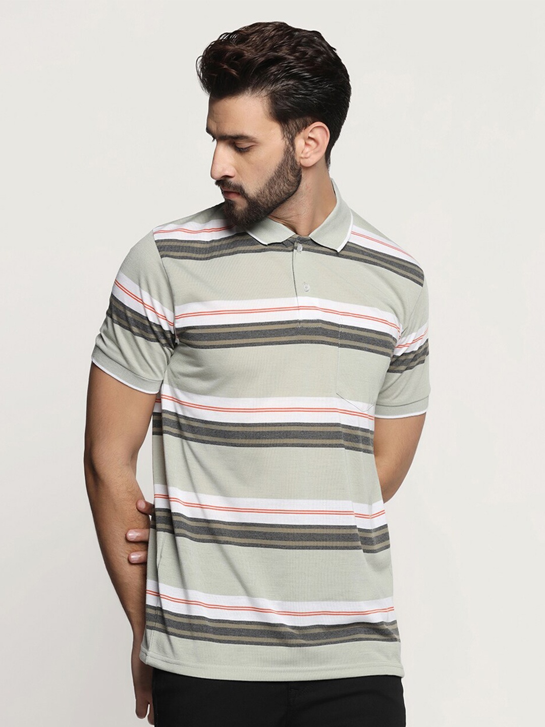 

INKKR Striped Polo Collar Short Sleeves T-shirt, Beige