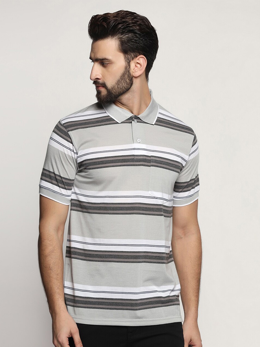 

INKKR Striped Polo Collar Short Sleeves T-shirt, Grey