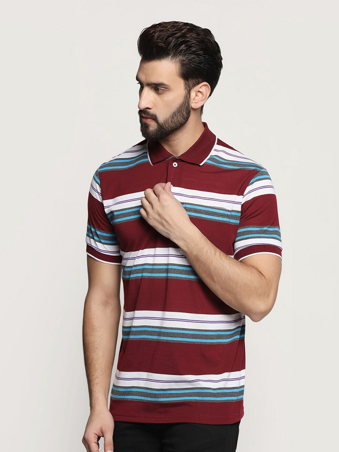 

INKKR Striped Polo Collar T-shirt, Maroon