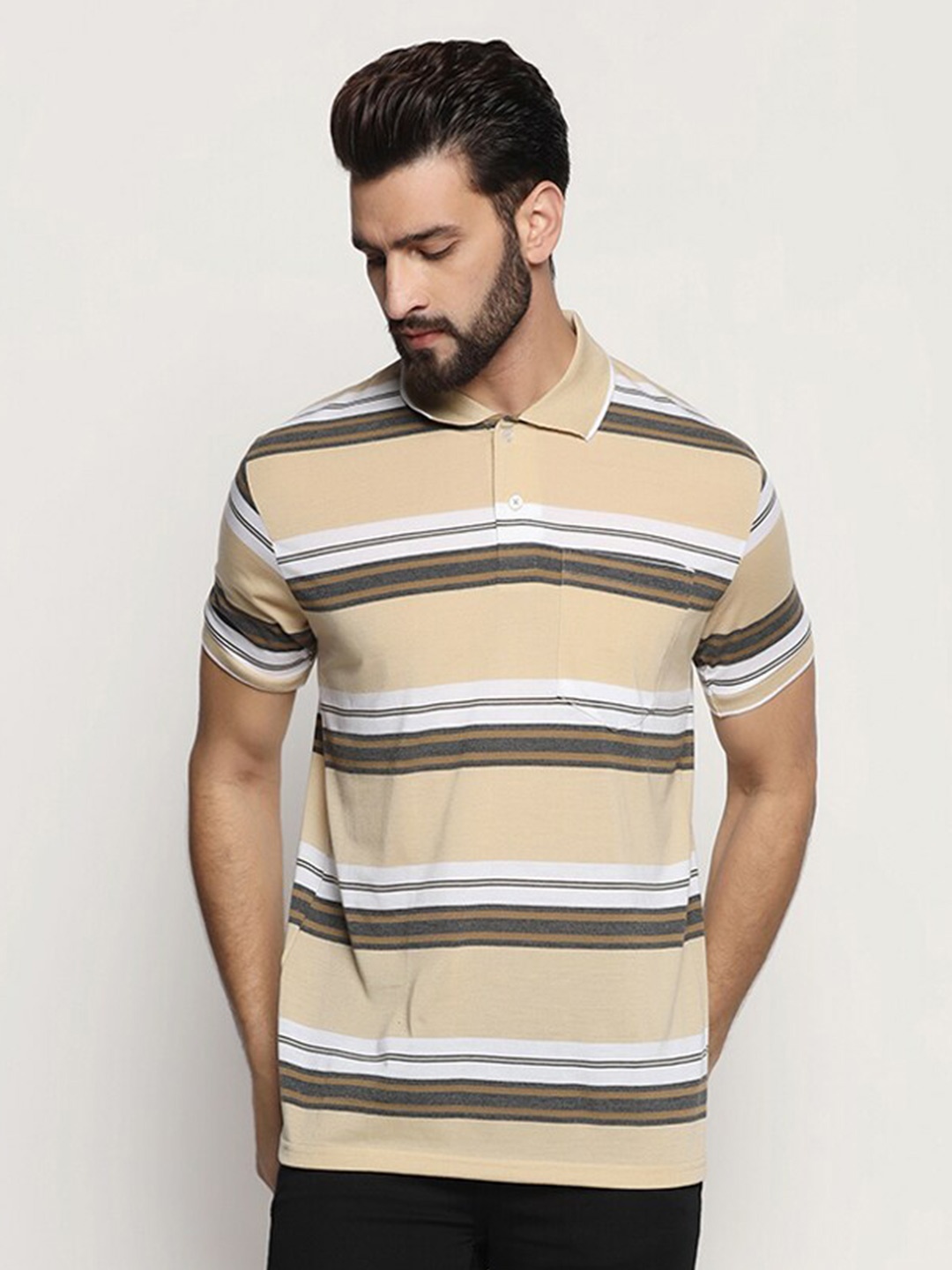 

INKKR Striped Polo Collar T-shirt, Beige