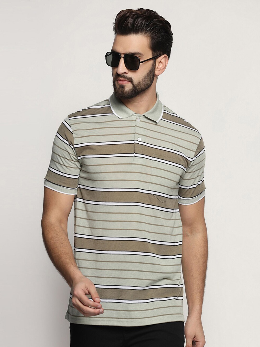 

INKKR Striped Polo Collar T-shirt, Green
