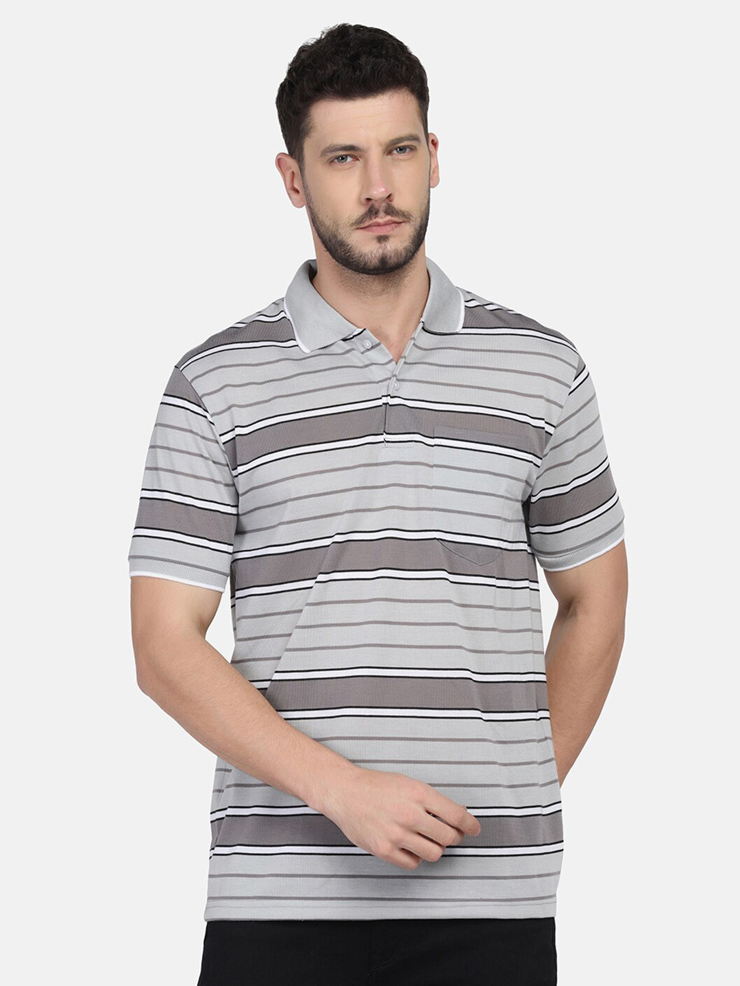 

INKKR Striped Polo Collar T-shirt, Grey