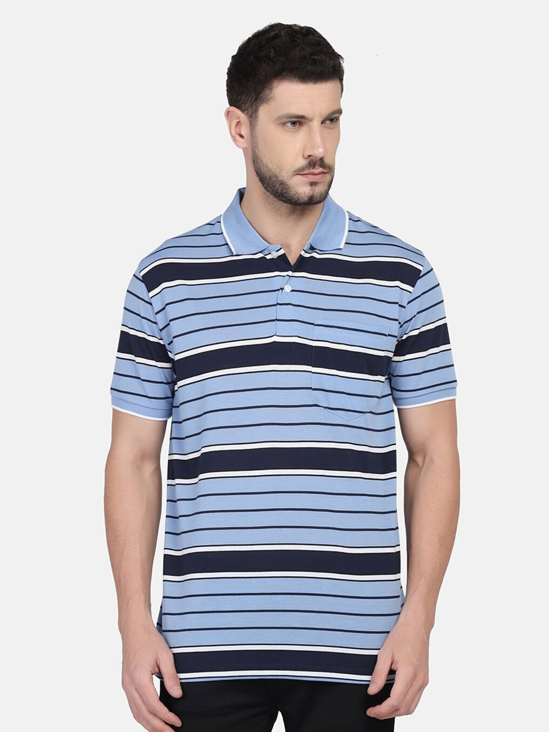

INKKR Striped Polo Collar T-shirt, Blue