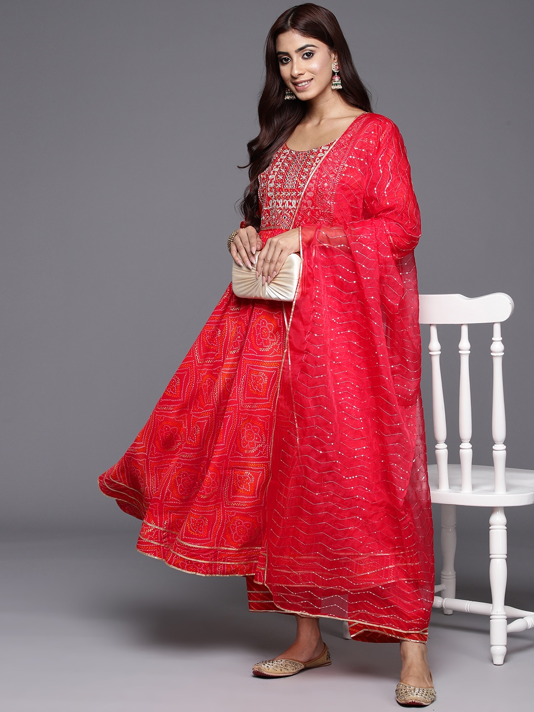 Libas Bandhani Printed Pleated Mirror Work Kurta with Trousers & Dupatta, Red