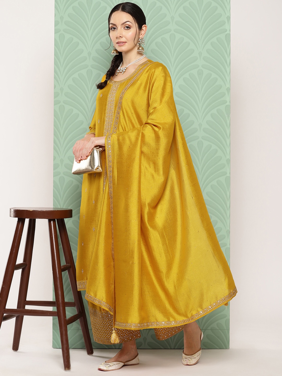 

Libas Ethnic Motifs Embroidered Sequinned Kurta with Palazzos & Dupatta, Mustard