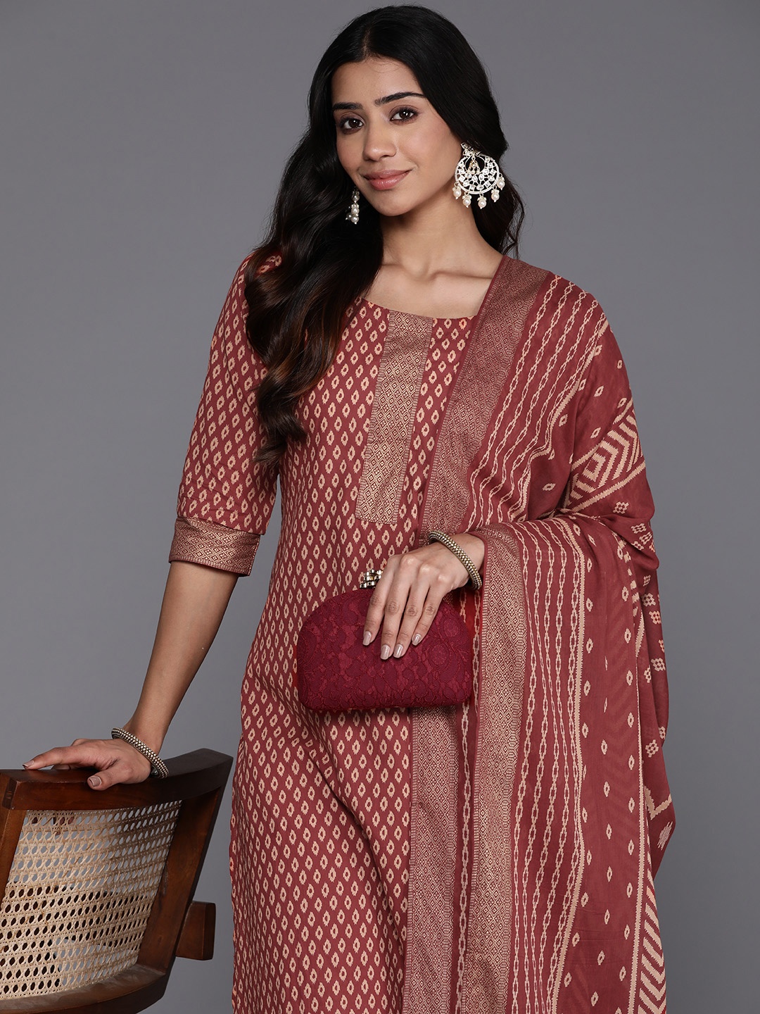 

Libas Ethnic Motifs Printed Regular Pure Cotton Kurta with Palazzos & Dupatta, Maroon