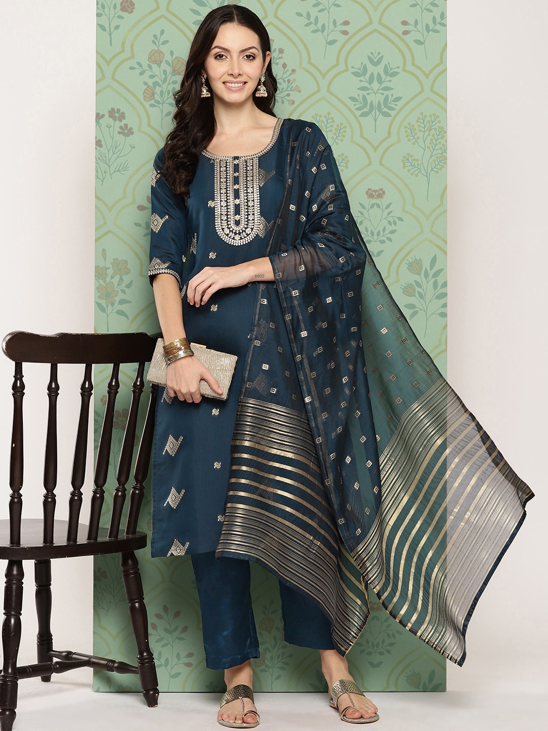 

Libas Regular Sequinned Chanderi Silk Kurta with Trousers & Dupatta, Navy blue