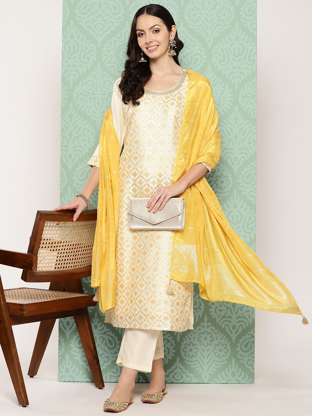 

Libas Ethnic Motifs Zari Kurta with Trousers & Dupatta, Cream