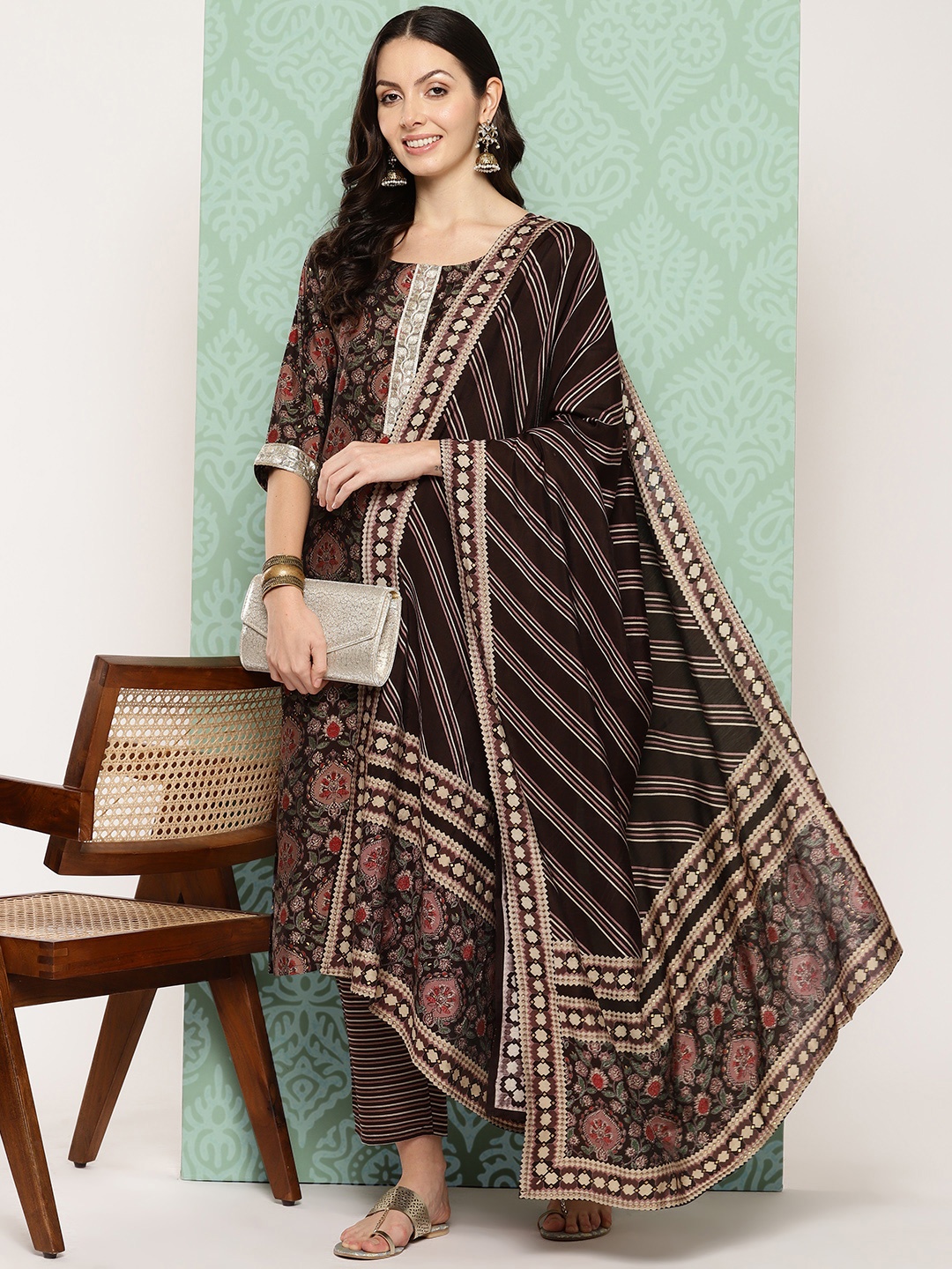 

Libas Floral Printed Sequinned Kurta with Trousers & Dupatta, Brown