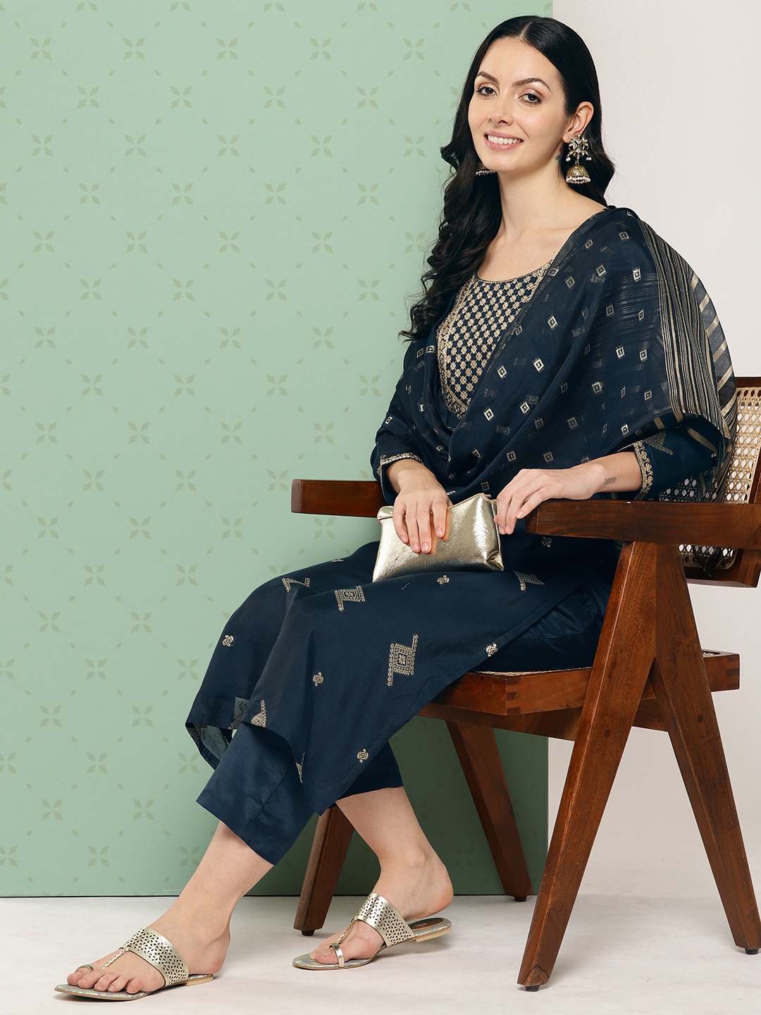 

Libas Regular Sequinned Chanderi Silk Kurta with Trousers & Dupatta, Navy blue