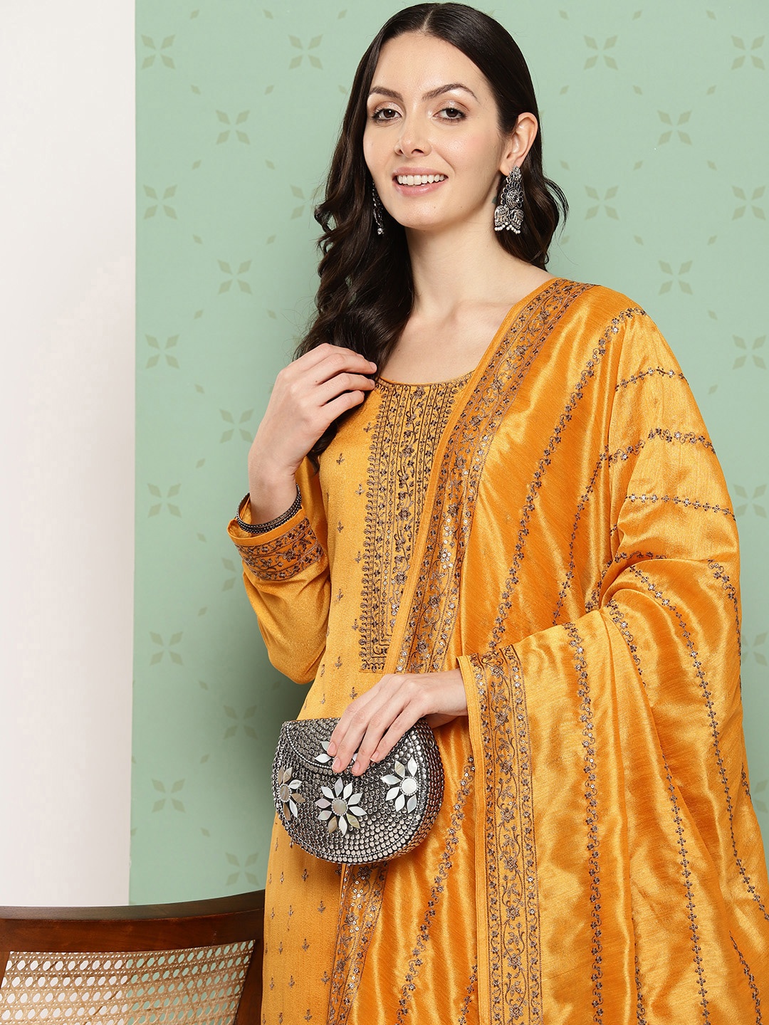 

Libas Ethnic Motifs Embroidered Regular Thread Work Kurta with Trousers & Dupatta, Mustard