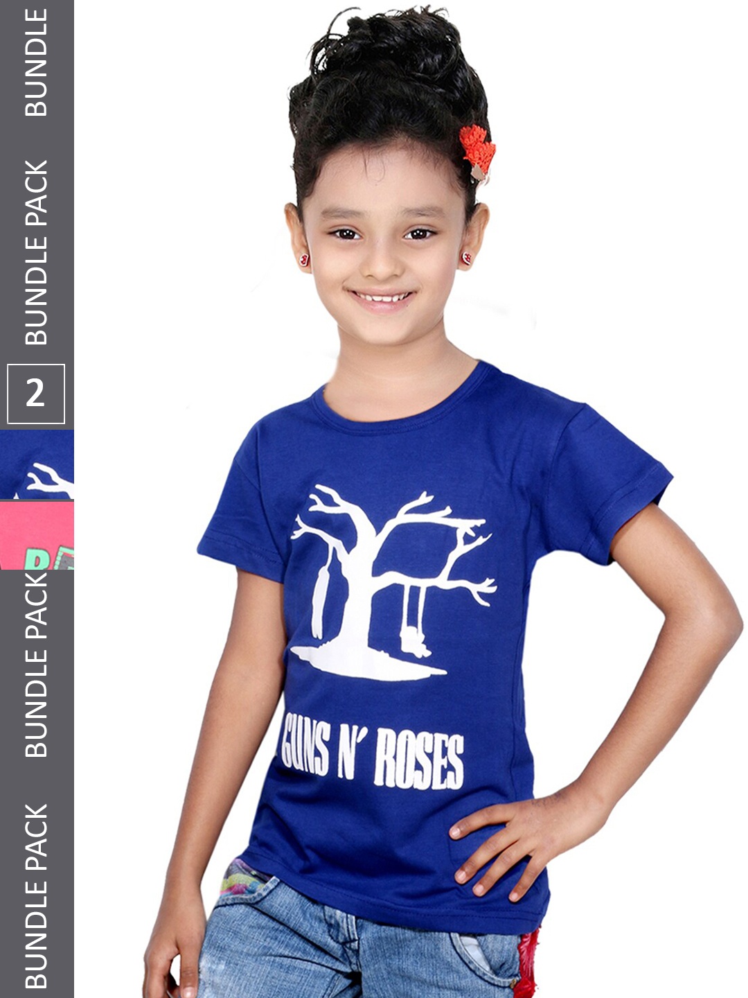 

IndiWeaves Girls Pack of 3 Graphic & Typography Round Neck Casual Cotton T-shirt, Blue