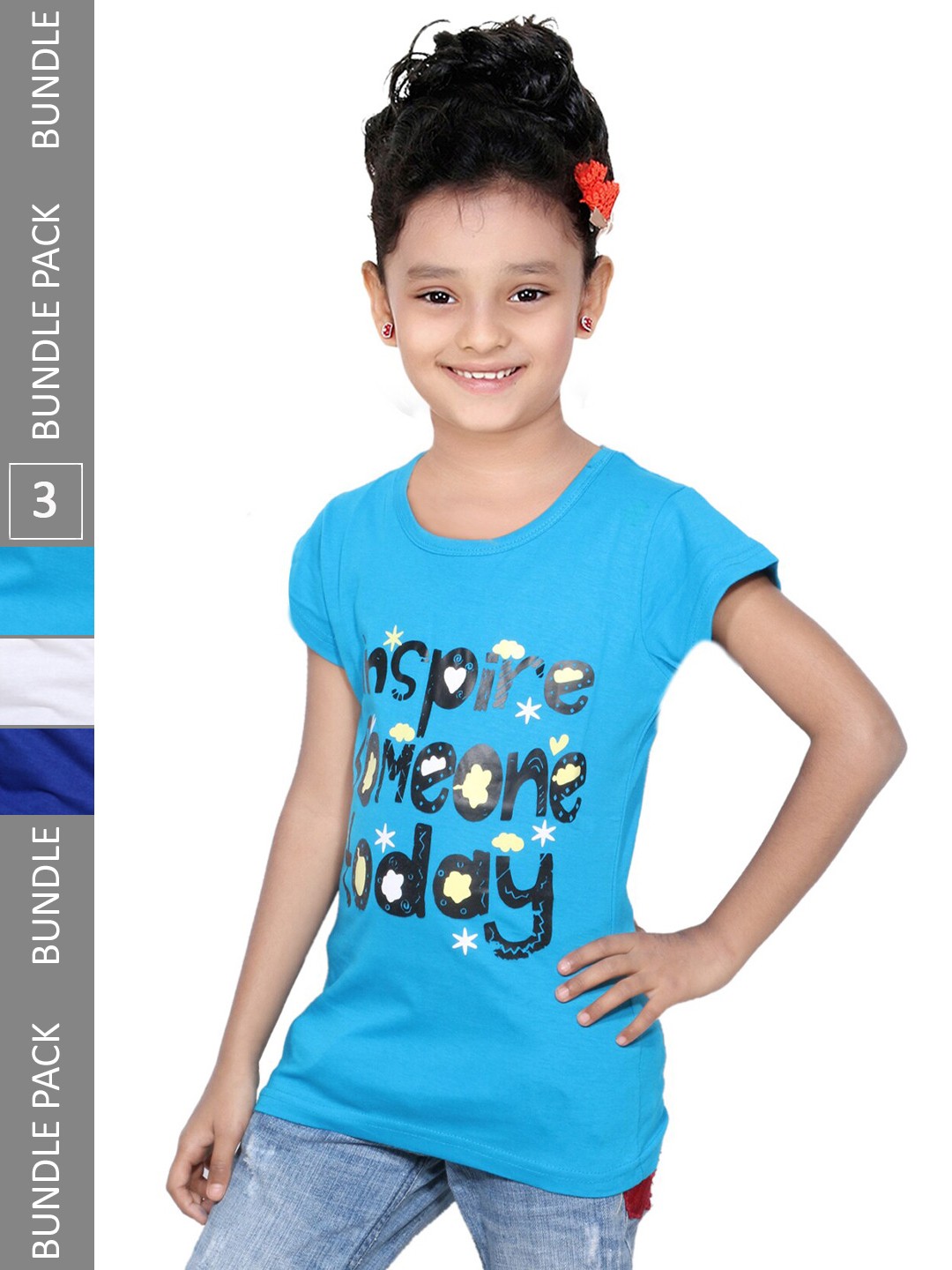 

IndiWeaves Girls Pack of 3 Typography Round Neck Casual Cotton T-shirt, Blue