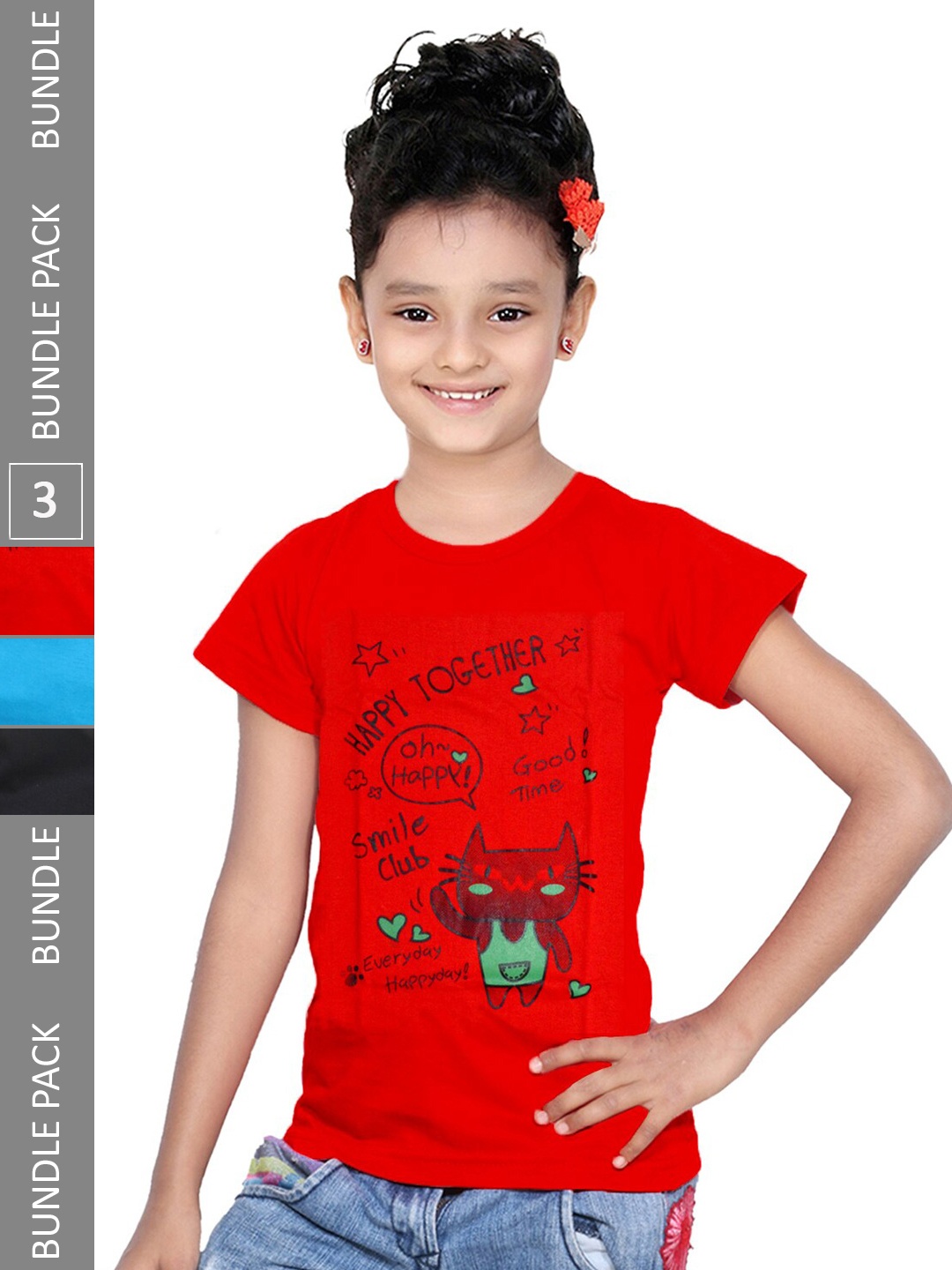 

IndiWeaves Girls Pack of 3 Typography Printed Regular Fit Cotton T-shirt, Red