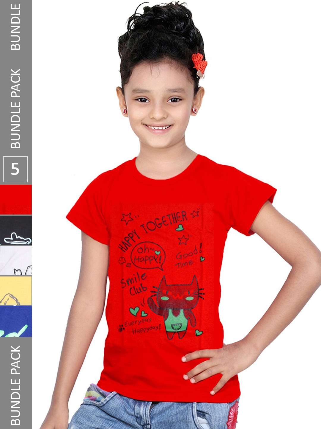 

IndiWeaves Girls Pack Of 4 Graphic Printed Pure Cotton T-shirt, Red