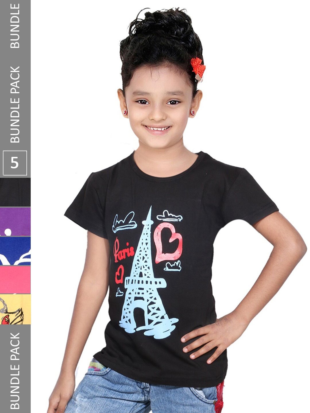 

IndiWeaves Girls Pack Of 5 Printed Pure Cotton T-shirts, Black
