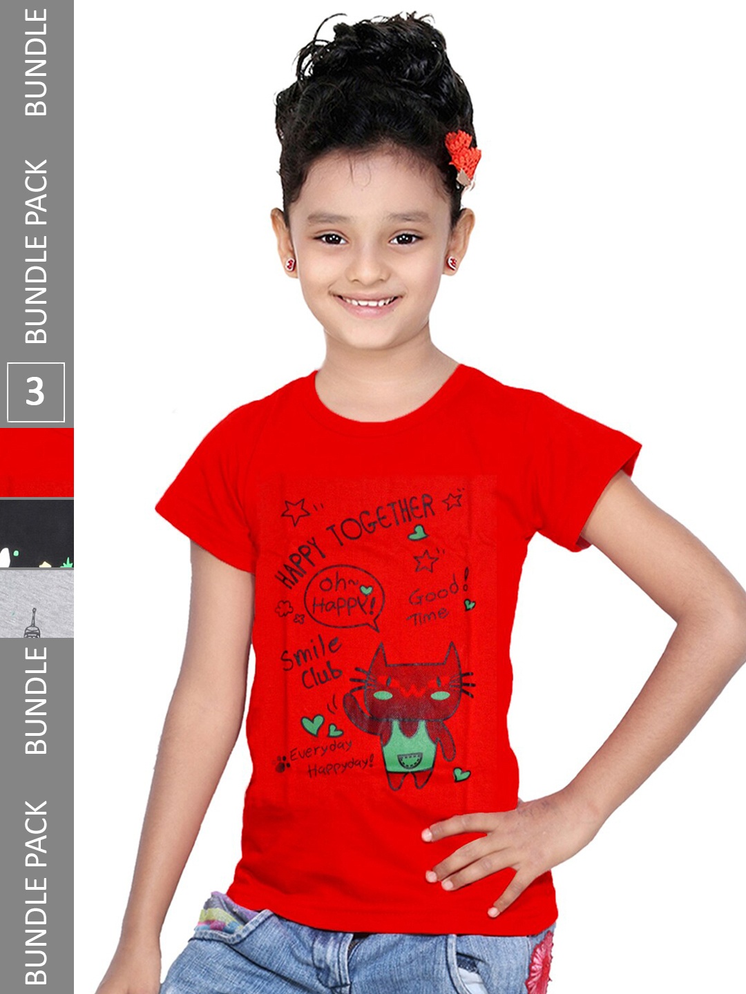 

IndiWeaves Girls Pack Of 3 Graphic Printed Pure Cotton T-shirt, Red