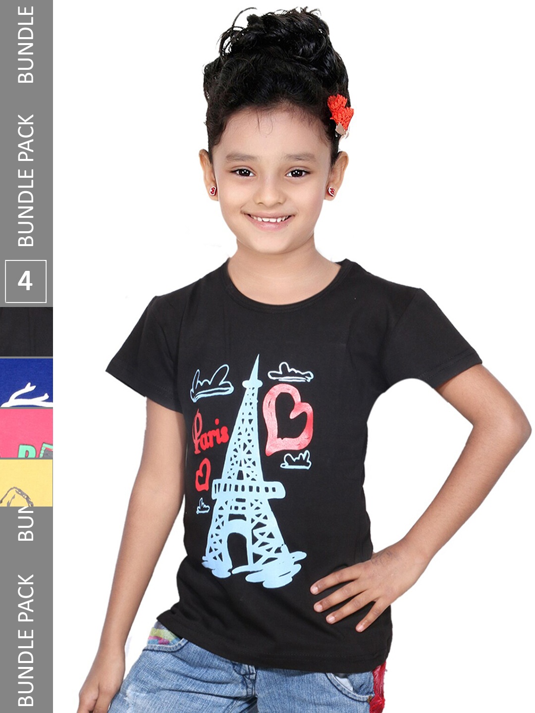 

IndiWeaves Girls Pack of 4 Graphic Printed Round Neck Cotton T-shirt, Pink